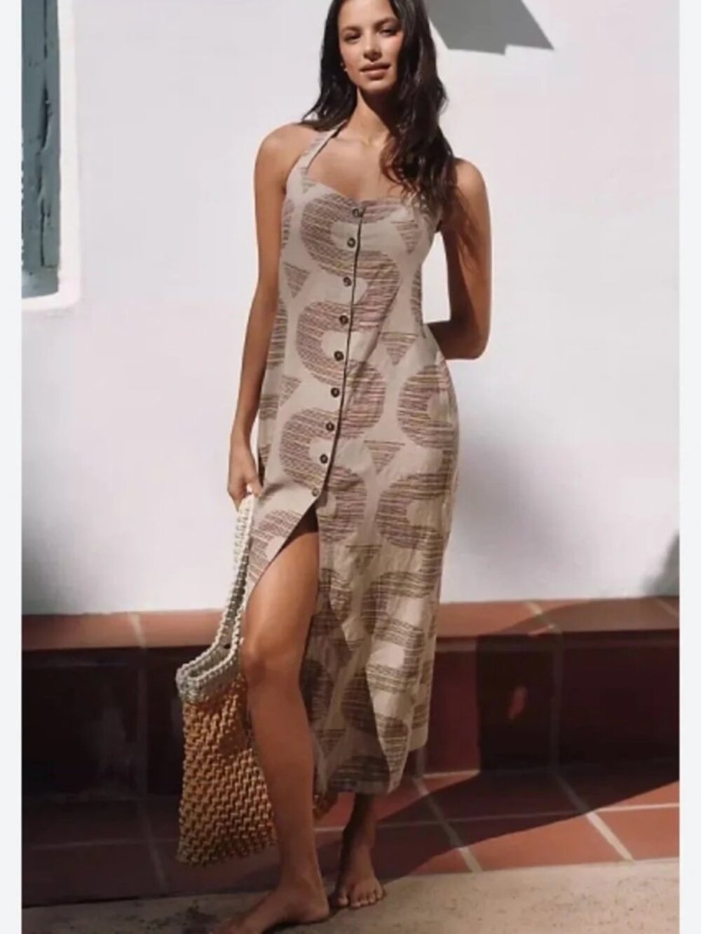 Anthropologie Celandine Neutral Geo-Print Button-Front Maxi Dress